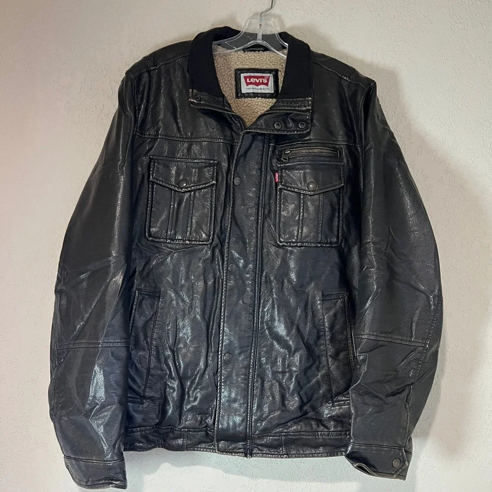 Levi's Bomber Jacket Mens Brown Faux Leather Sherpa Lined Good Condition Utility